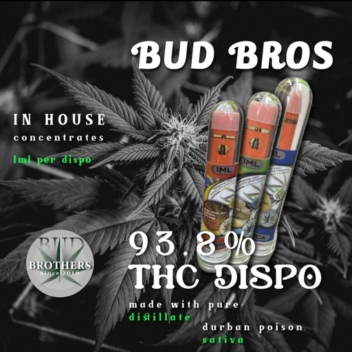 Delta 8 - Bud Brothers - Sativa - Durban Poison - 300 Puffs - 1000MG THC